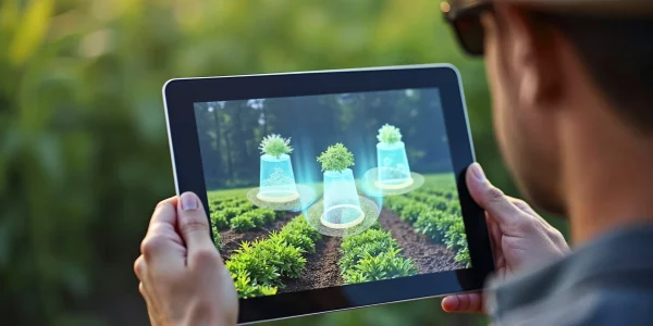 A person using a digital tablet to monitor smart farming technology and crop health data in a lush green field.